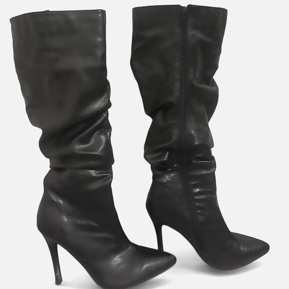 CHASE + CHLOE leatherette slouchy pointy toe black knee high heels SIZE 9 - Picture 2 of 7